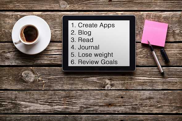 Recapping goals on an iPad: 1: Create Apps. 2: Blog. 3: Read. 4: Journal. 5: Lose Weight. 6: Review Goals.